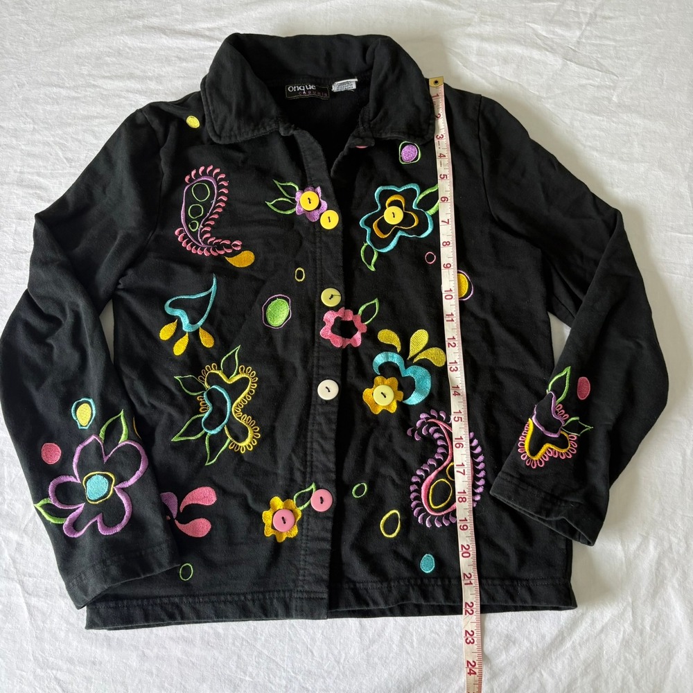 Onque Casuals Black Cotton Embroidered Floral Paisley Button Front Jacket Small - Picture 3 of 11